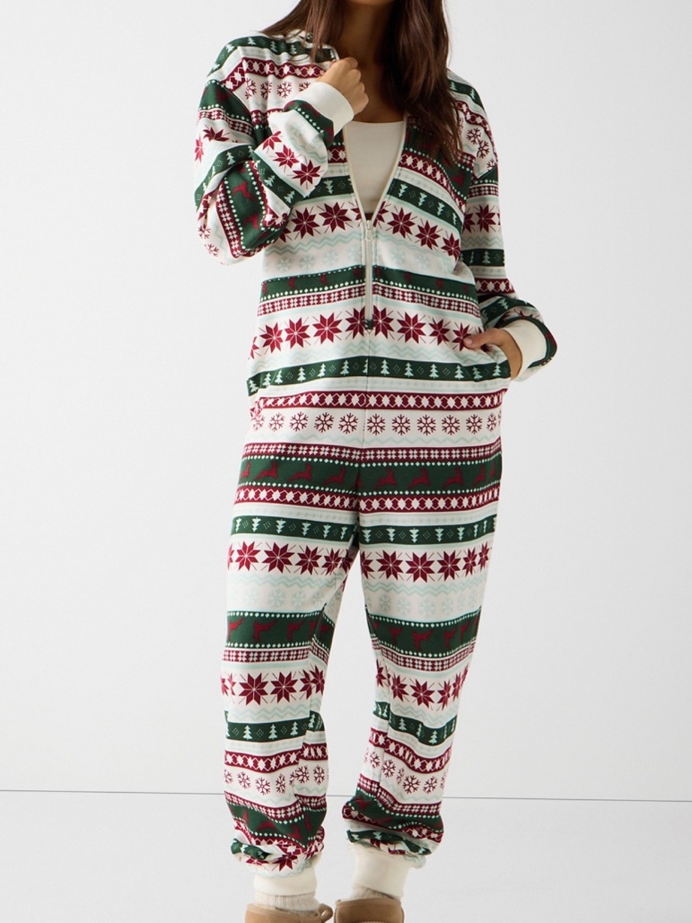 Fabletics Festive Fair Isle Hooded One-Piece Pajama Onesie. Size XS. NWOT.